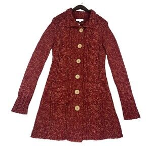 Longline Cardigan Womens L Red Sweater Jacket Button Front Long Sleeve Layer